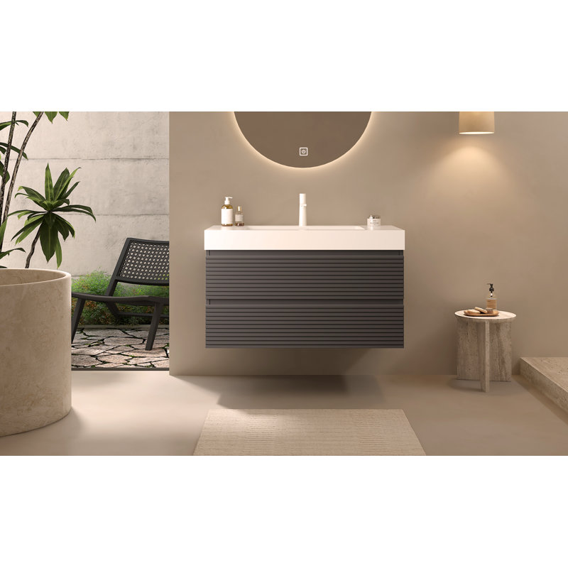 Meuble-lavabo mural 36 po à 2 tiroirs avec lavabo encastré et contreplaqué flottant
