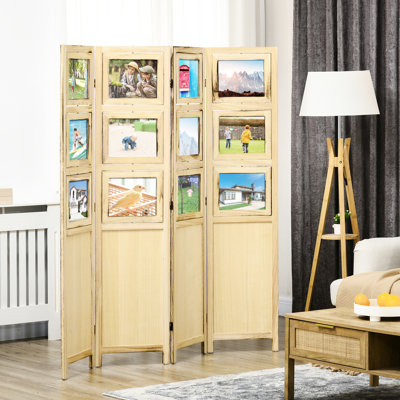 Cloisons pliantes portatives - Cloison d'intimité en bois à 4 panneaux de 5,6 pi avec porte-cartes, écran mural naturel pour chambre à coucher,