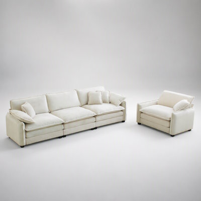 Ensemble de canapé de style Mid-Century moderne avec 3 places et siège simple, 2 coussins d'accoudoir, 4 coussins décoratifs, tissu en velours côtelé beige pour le salon