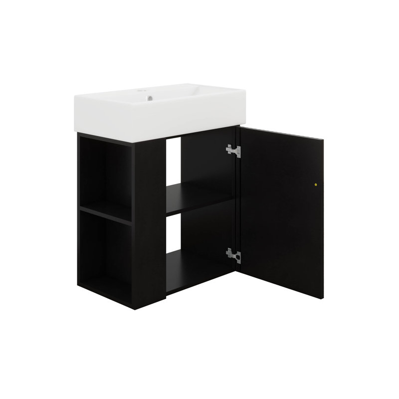 Meuble-lavabo flottant de 21,6 po avec lavabo, meuble-lavabo mural avec lavabo en céramique, rangement à gauche, Noir
