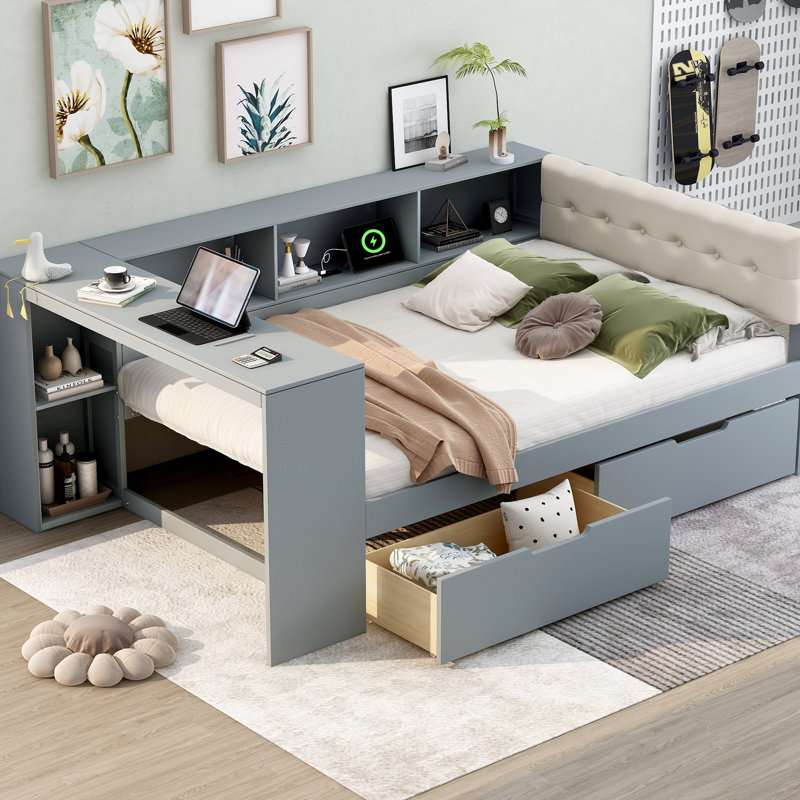 Lit double gris avec tête de lit tapissier, tablettes de rangement, tiroirs et fonction de charge, bois de pin et plateforme intégrés dans les tiroirs