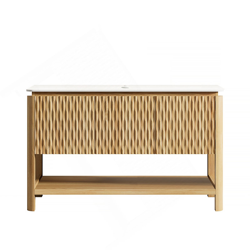 Armoire autoportante 48 po avec 3 portes et tablette ouverte, plateau en pierre frittée blanc de Carrare, sans lavabo, sans robinet ni drain, couleur grain de bois de chêne brun