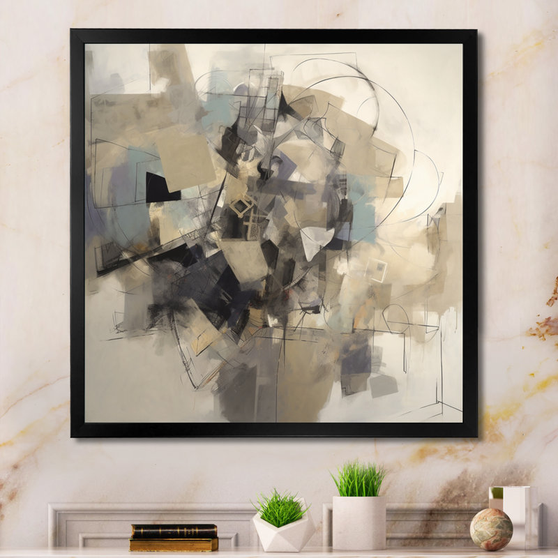 «Flippen Grey Beige Geometric Blend II», reproduction sur toile encadrée, Cadre photo noir, H 16 po x l 16 po x P 1 po