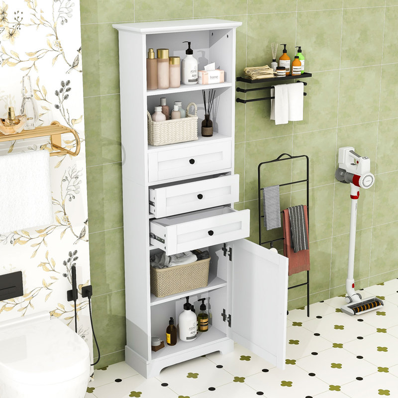 Tall 3 Drawers Bathroom Storage Cabinet with Adjustable Shelves, White