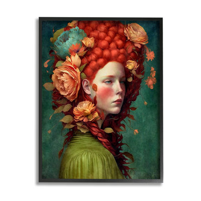 Portrait de femme avec pivoines sur bois par LSR Design Studio Print