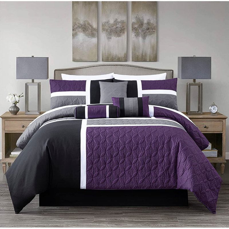 Upland Patchwork 7 Piece Comforter Set, Queen Comforter + 6 Additional Pieces, Purple
