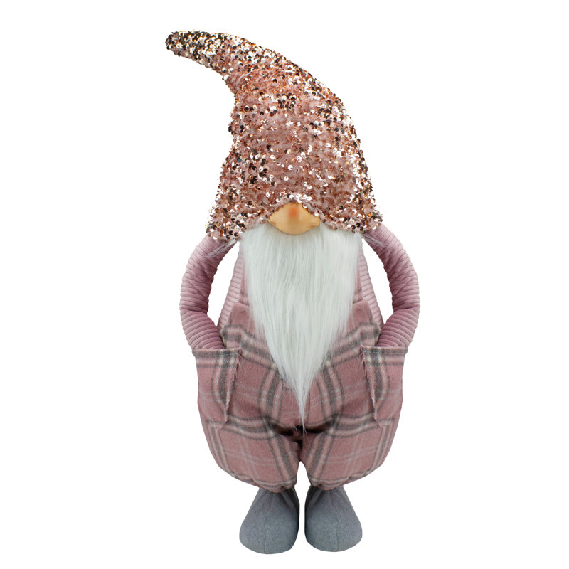Grand gnome de Noël à carreaux roses et gris 30 po