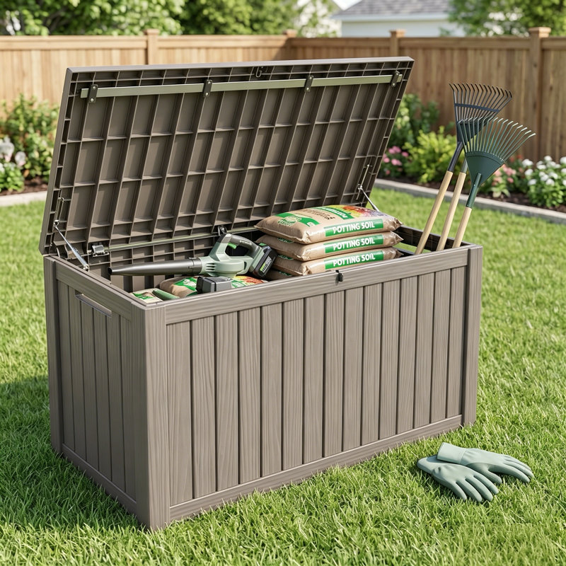 200 Gallon Brown Resin Deck Box For Garden Tools, Pool Accessories & Outdoor Cushions, Brown, 200 Gallons