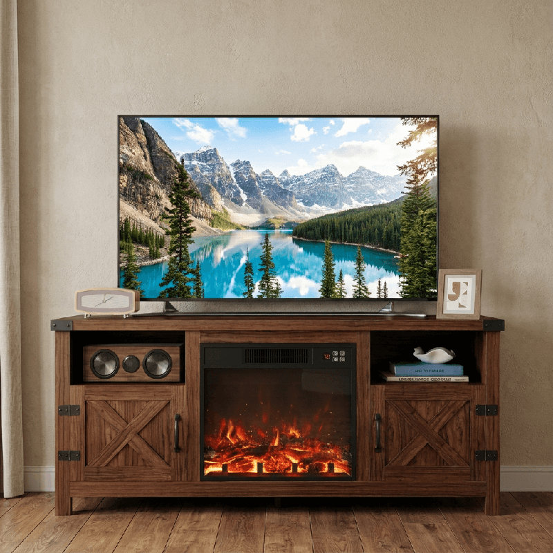 58" W Farmhouse TV Stand Fireplace, Brown