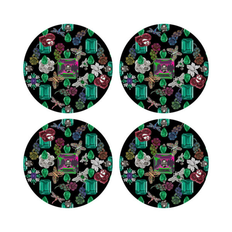 Jewel Box Emeralds Vegan Leather Round Coasters, Black