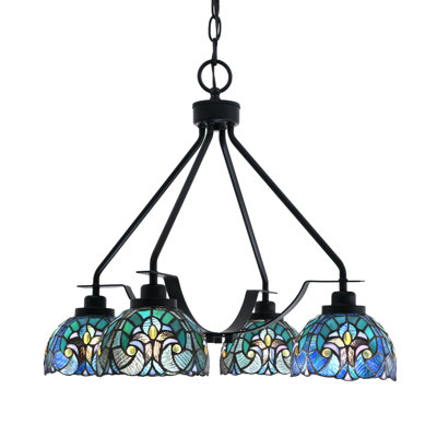 Odyssey Downlight 4 Light Chandelier Shown In Matte Black Finish With 7" Art Glass