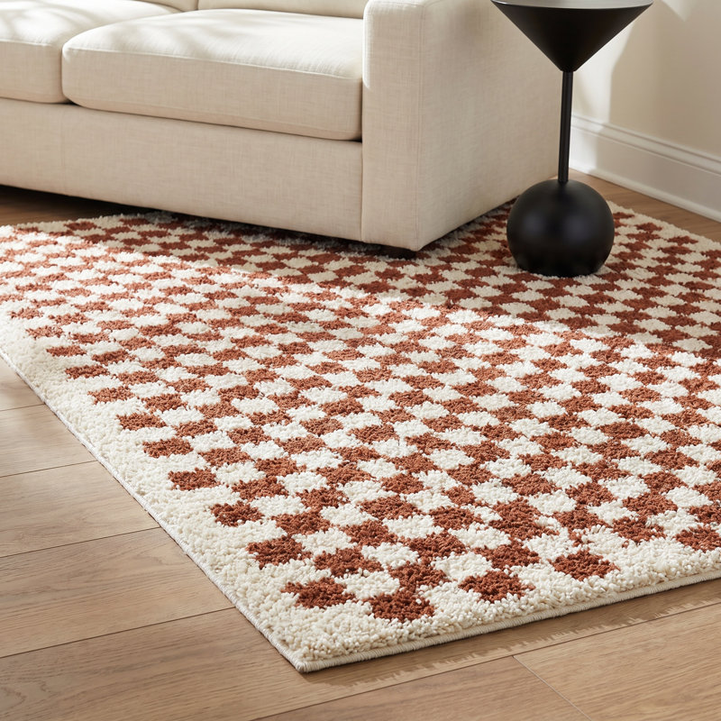 Tapis à carreaux orange brûlé / crème à poils longs Walker, Rectangle 7 pi 10 po x 10 pi
