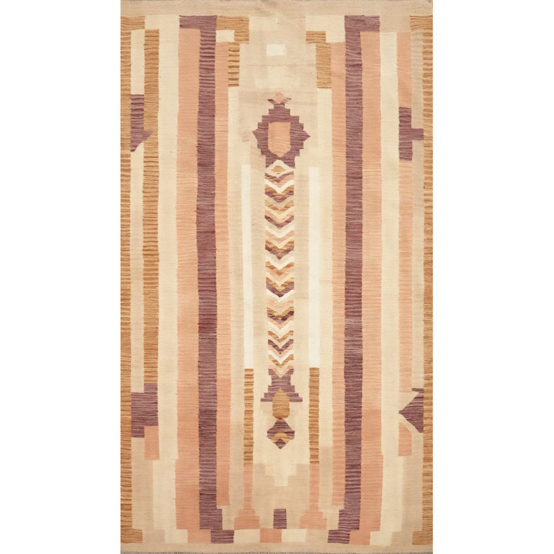 Élégant tapis kilim à motif géométrique 5 x 8 avec des rayures pastel douces