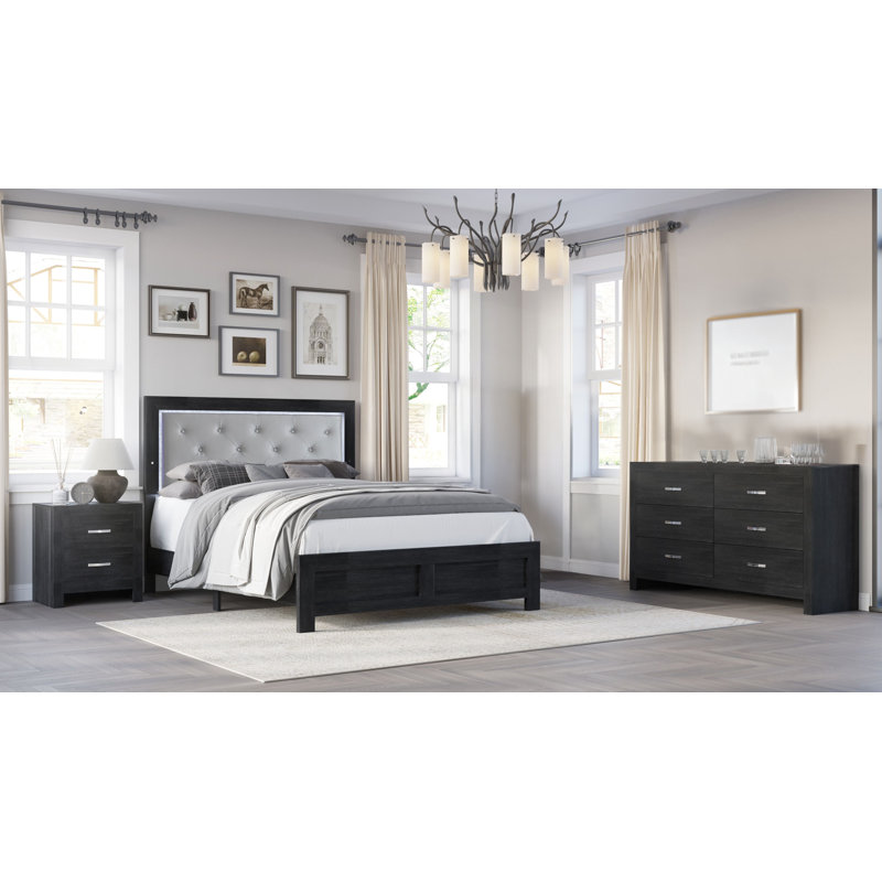 Ensemble de chambre à coucher à panneau à DEL 3-2_Marijo Josiyah, Très grand, Noir, 3 pièces: lit, table de chevet, commode