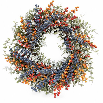 Couronne de porte d'entrée automnale artificielle de 61 cm (24 po) avec baies mélangées et mini-feuilles d'eucalyptus, décoration murale pour la fête de Thanksgiving.