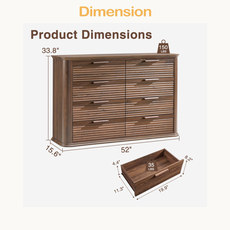 Commode cannelée à 8 tiroirs, commode en bois moderne de 52 po de largeur pour la chambre à coucher, commode à profil incurvé, meuble télé et rangement