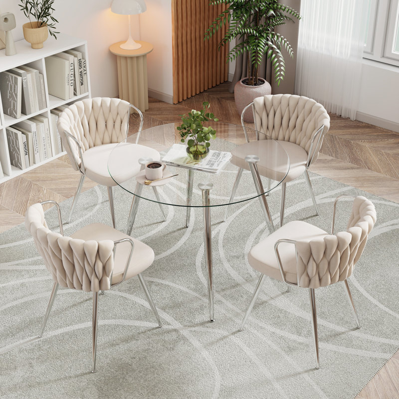 5-Piece Round Glass Dining Table Set for 4, Beige, 29.5"H x 36"W x 36"D, Gold