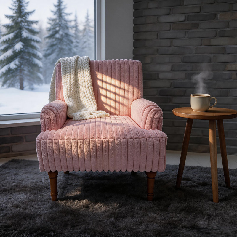 Modern Corduroy Upholstered Arm Accent Chair With Solid Wood Legs, Pink