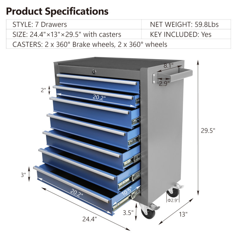 7-Drawer Rolling Tool Cart, Rolling Tool Box On Wheels, Lockable Home Repair Tool Storage Organizer, Tool Chest Cabinet For Mechanic, Garage