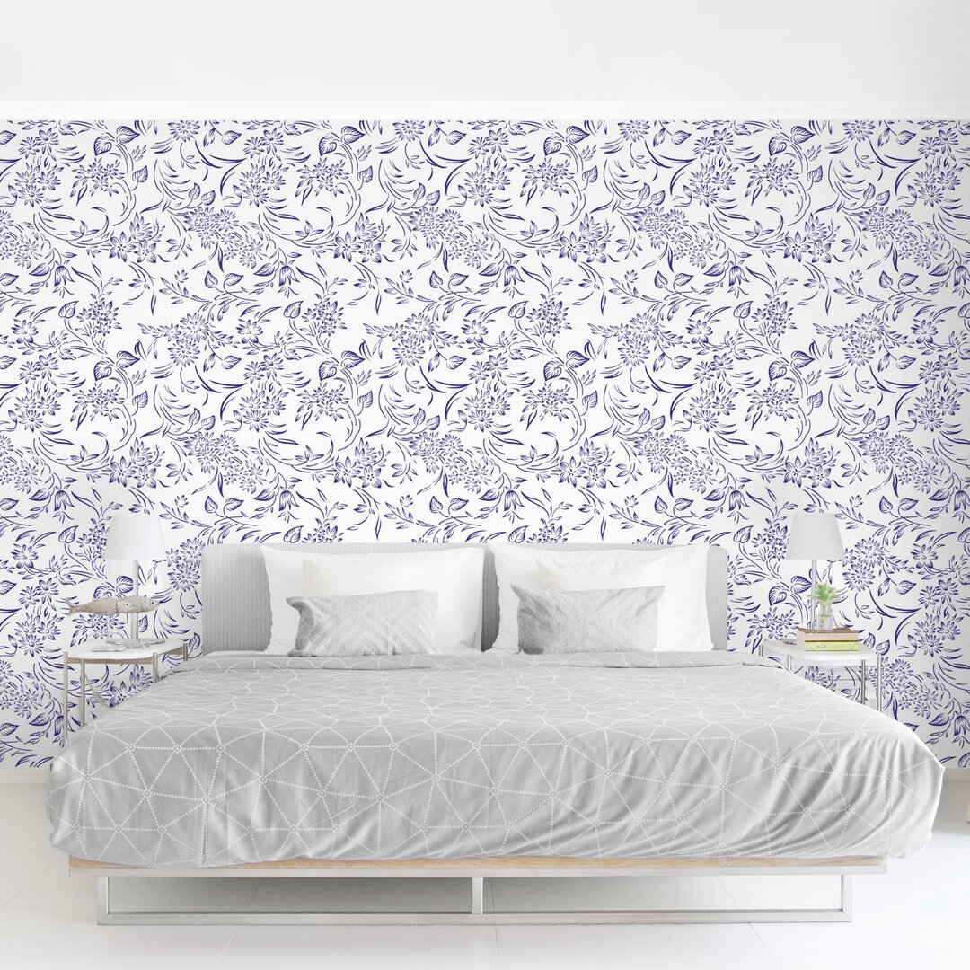 Strukturierte Fototapete Blue Floral Pattern 1,9 m x 288 cm