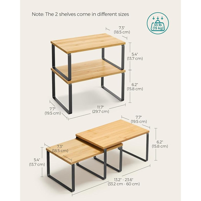 Ensemble de 2 tablettes de rangement pour armoire de cuisine, étagère à épices, empilable, extensible, métal et bois d'ingénierie, encre noire et beige naturel UKCS02NB