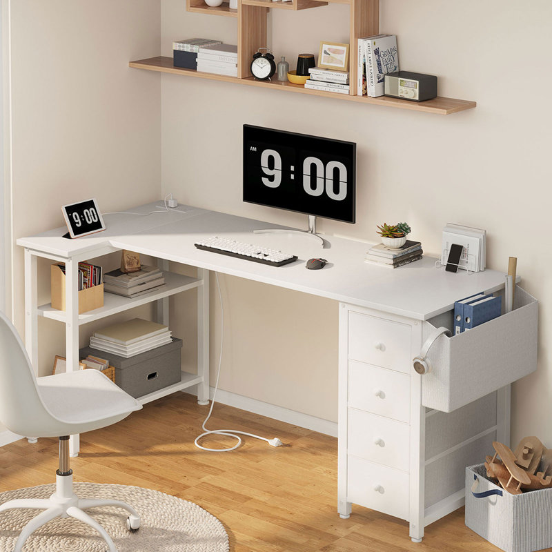 Bureau d'ordinateur en L avec tiroirs et tablettes de rangement Cheshire Outlets, H 29,5 po x l 63 po x P 26,7 po, Blanc