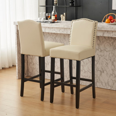 Ensemble de 2 tabourets de bar rembourrés pour îlot de cuisine avec pieds en bois d'hévéa et similicuir avec capacité de poids de 300 lb