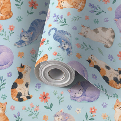 Peel and Stick Wallpaper Contact Paper Colorful Watercolor Whimsical Cats Light Green Self Adhesive and Removable 17.7in x 118in(45x300cm)