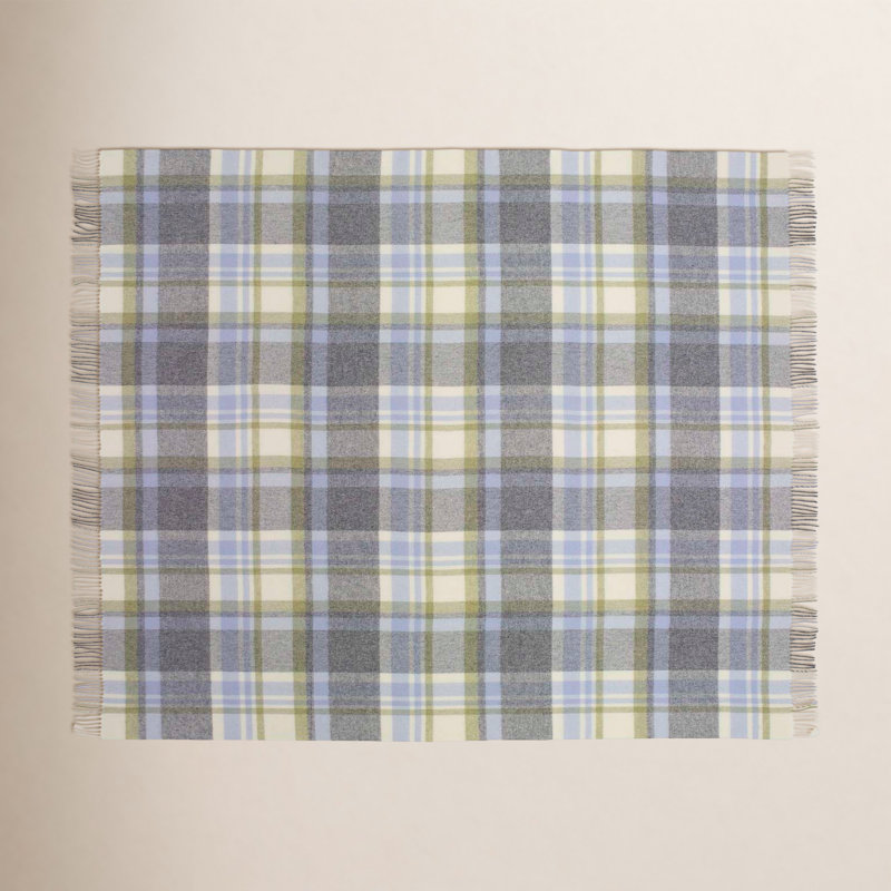 Merino Lambswool Throw/Blankets Hand Woven Blanket, Blue/Gray/Beige Checkered