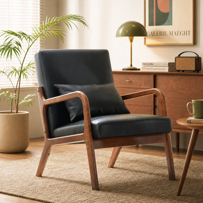  23.4" W Mid-Century Modern Upholstered Faux Leather Accent Armchair with Pillow, Solid Wood Frame