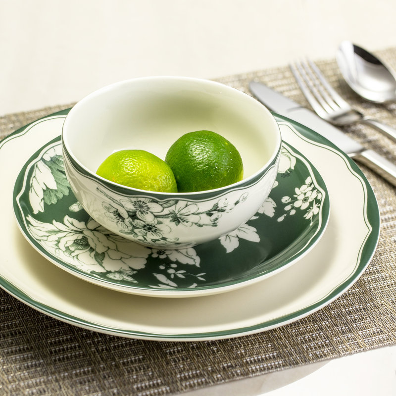 Sage and White Porcelain 12-Piece Dinnerware Set for 4