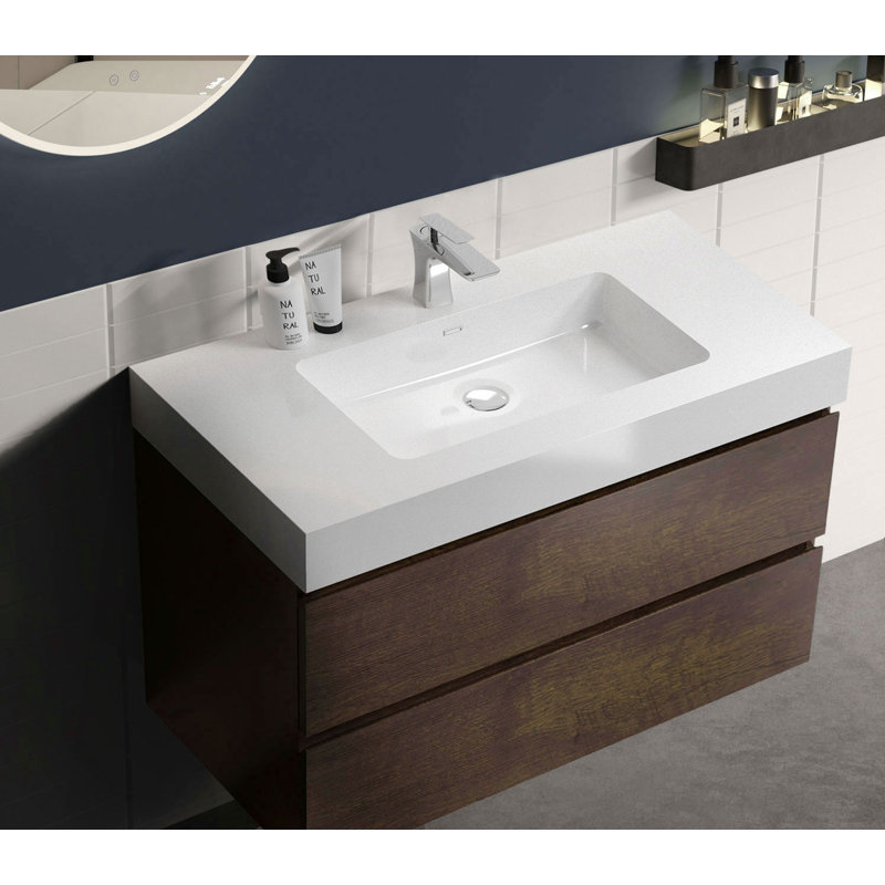 36 Inch Wall-Mounted Single Bathroom Vanity with Solid Surface Top with Overflow, Pre-Assembled, Walnut, 36", White