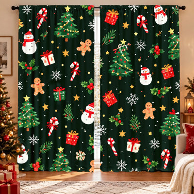 2 pièces d'arbre de Noël bonhomme de neige bonhomme de pain d'épice, motifs de canne de bonbon, conception des fêtes, tissu filtrant la lumière, protection de la vie privée, fermeture à passe-tringle, lavable à la machine, pour le salon, la chambre à coucher, la cuisine, la décoration intérieure, Essential