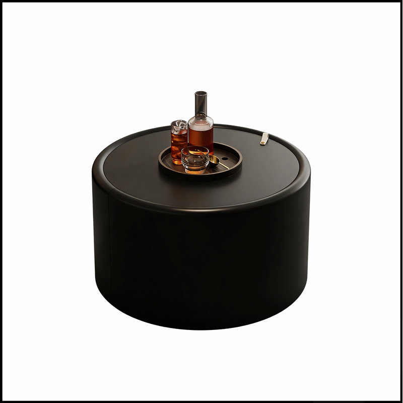 Table basse ronde avec plateau en verre trempé, structure en similicuir et rangement caché pour les salons modernes, Noir