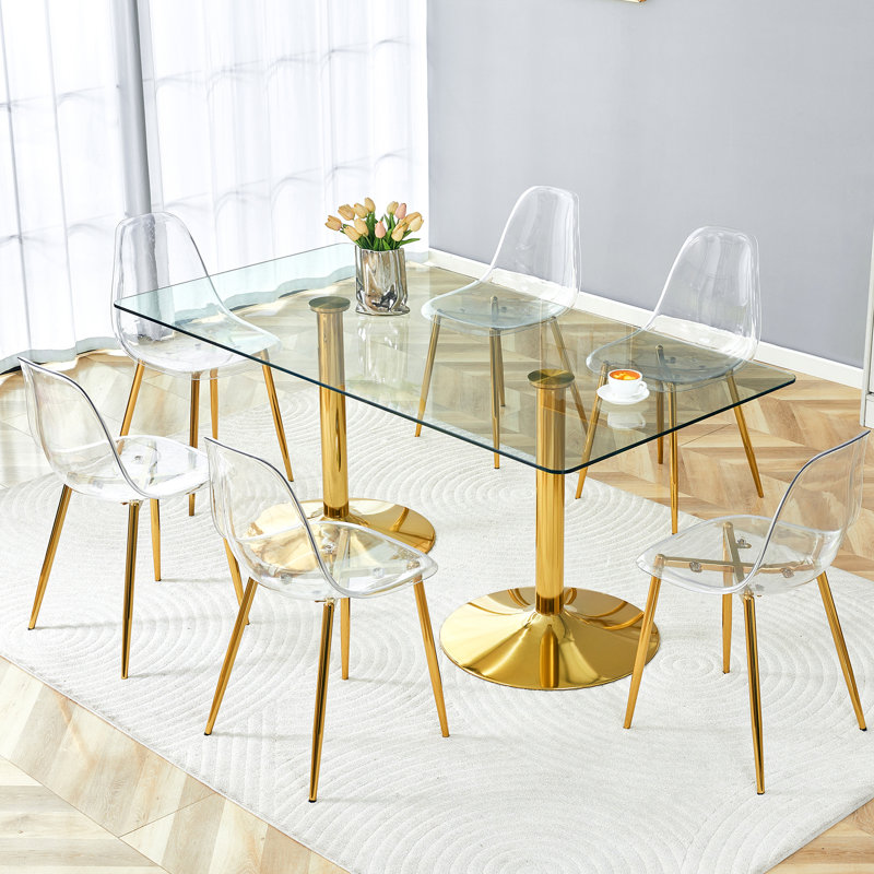 Ensemble de table et de chaises 7 pièces, table de salle à manger en verre trempé et 6 chaises en plastique transparent, Doré