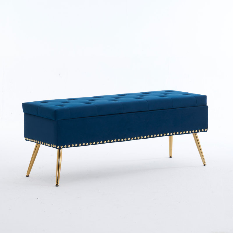 Velvet Storage Ottoman Bench Modern Bedroom End of Bed Bench with Gold Legs, Navy, 18" H x 46" W x 15.5" D