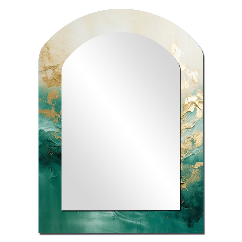 Or et vert Soft Wave Fusion II - Miroir mural arqué moderne, 34 po x 25 po