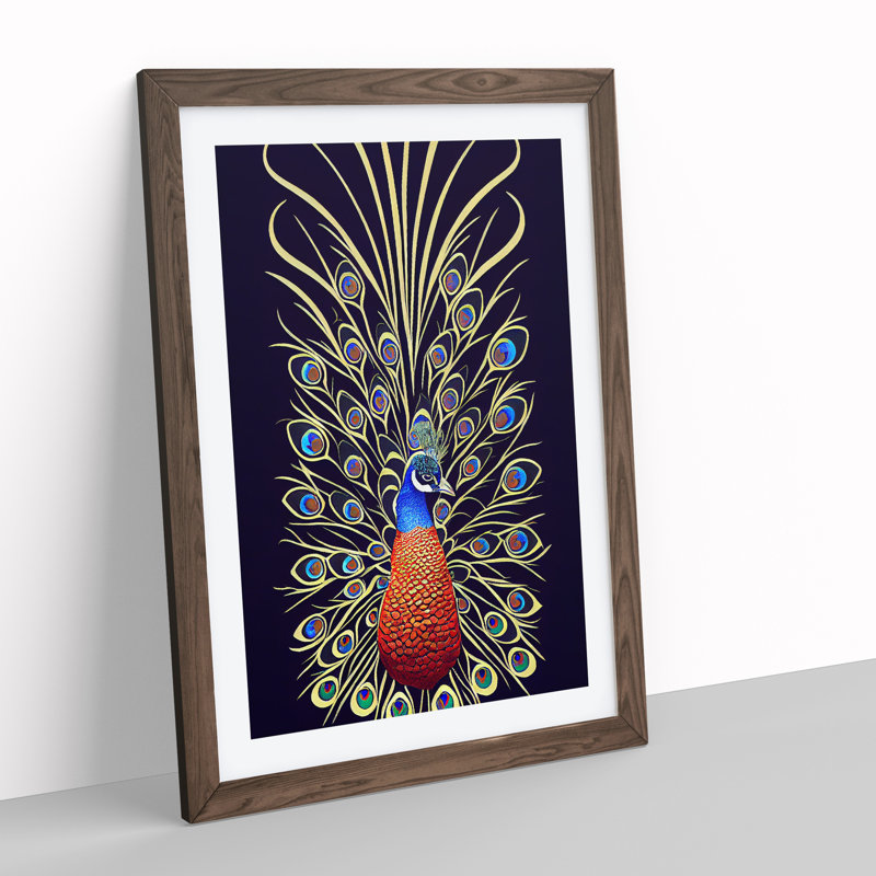 Fascinating Peacock No.1 - Framed Print, 64cm H x 46cm W x 2cm D, Walnut