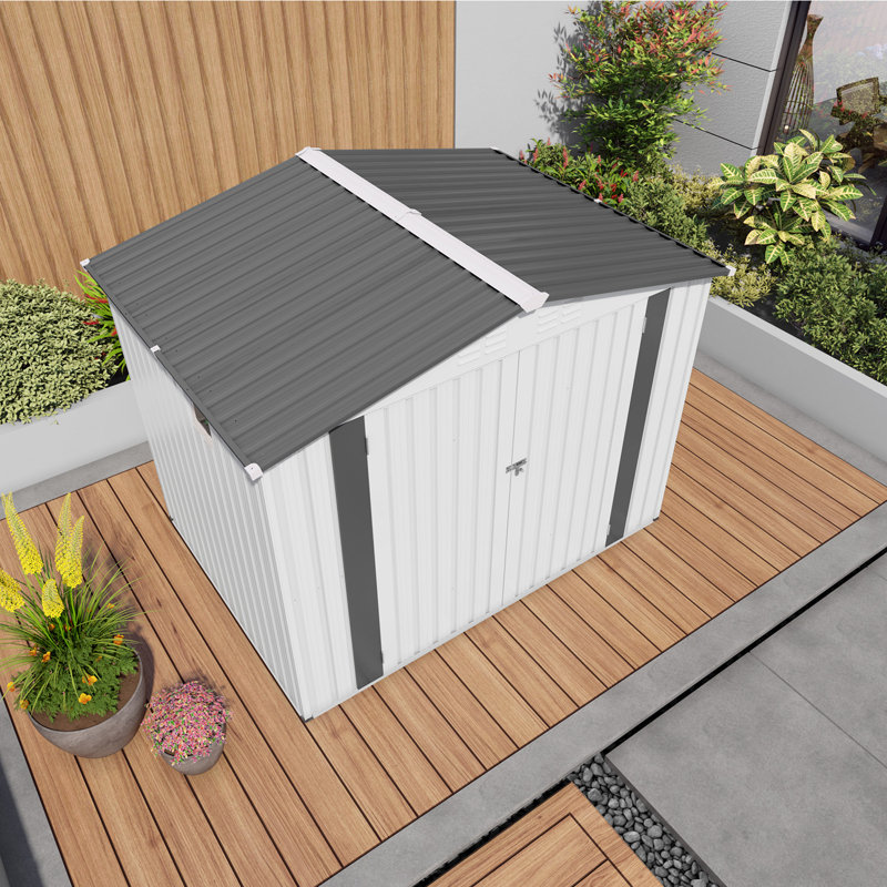 8X6 FT Metal Outdoor Storage Shed, Tool Shed With Pitched Roof Waterproof With Side Window And Lockable Door, Metal Tool Shed For Garden Tool Storage, Everyday Sundries And Bike Storage, White + Gray