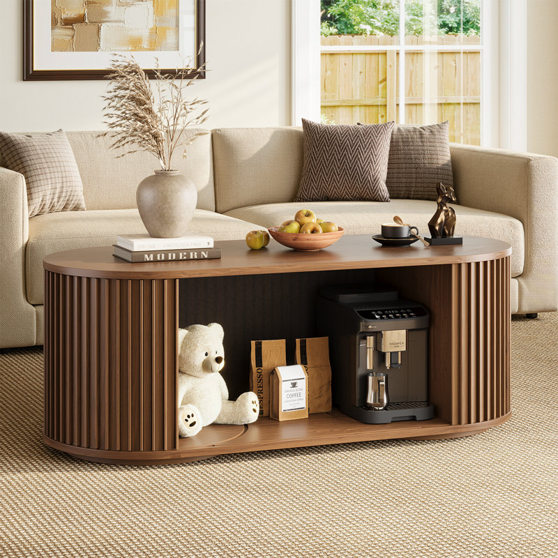 47.2" Sliding Tambour Door Coffee Table, Customizable To Various Designs With Storage., Walnut