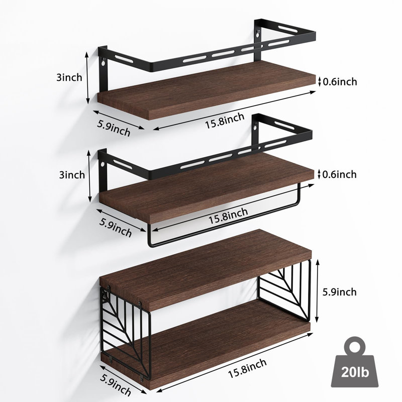 3+1 Tier Wall Mounted Rustic Wood Floating Shelf With Metal Frame And Towel Bar, Dark Brown