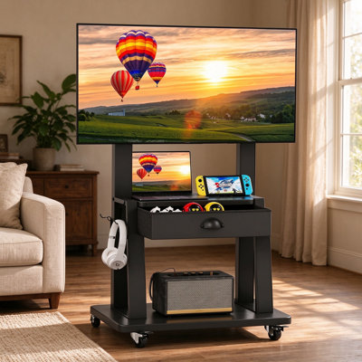 Mobile TV Cart with Drawer for 23-75 Inch Flat/Curved Screen - Rolling TV Stand with 2 Shelves, Adjustable Height, Locking Wheels, Heavy Duty Portable Floor Stand for Living Room Bedroom Office