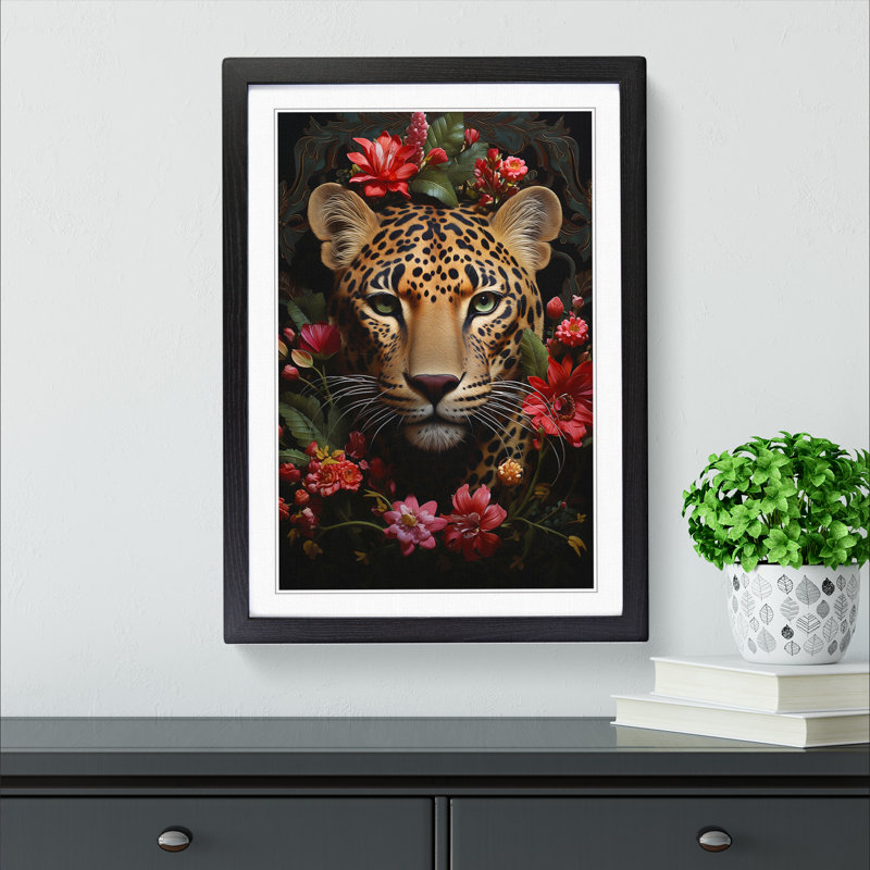Leopard Rococo - Single Picture Frame Print on Wood, 46cm H x 34cm W x 2cm D, Black Framed
