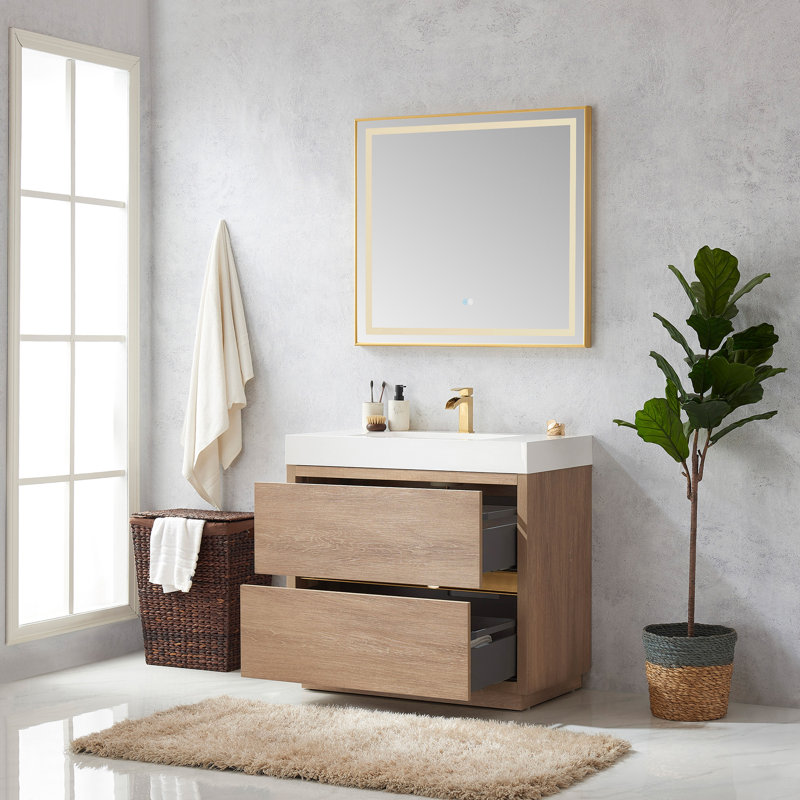 Beira Single Bathroom Vanity with Composite Top, North American Oak, White, 36"