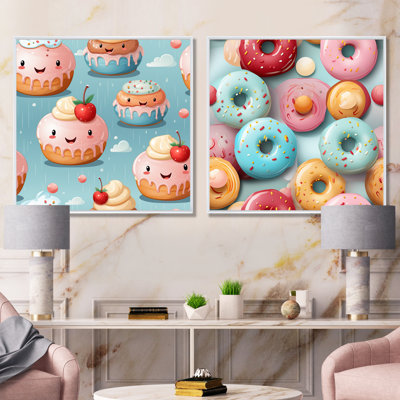 Pink And Blue Doughnut Kithchen Pattern I - Food Donuts Canvas Wall Art Set Of 2