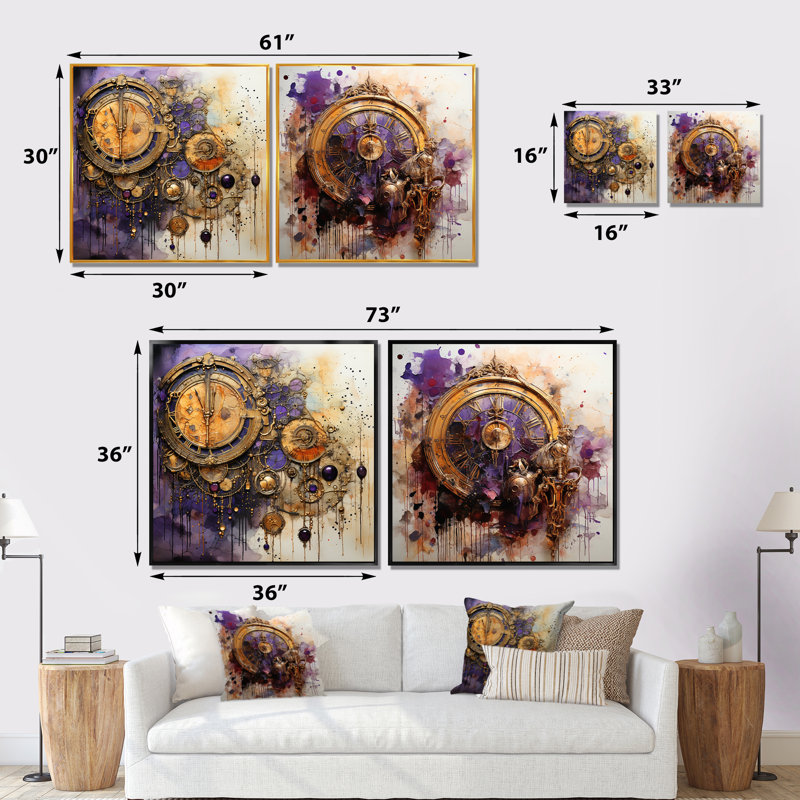 «Mauve et jaune» Timeless Collage I - Classics, ensemble de 2 impressions sur toile, Cadre flottant noir