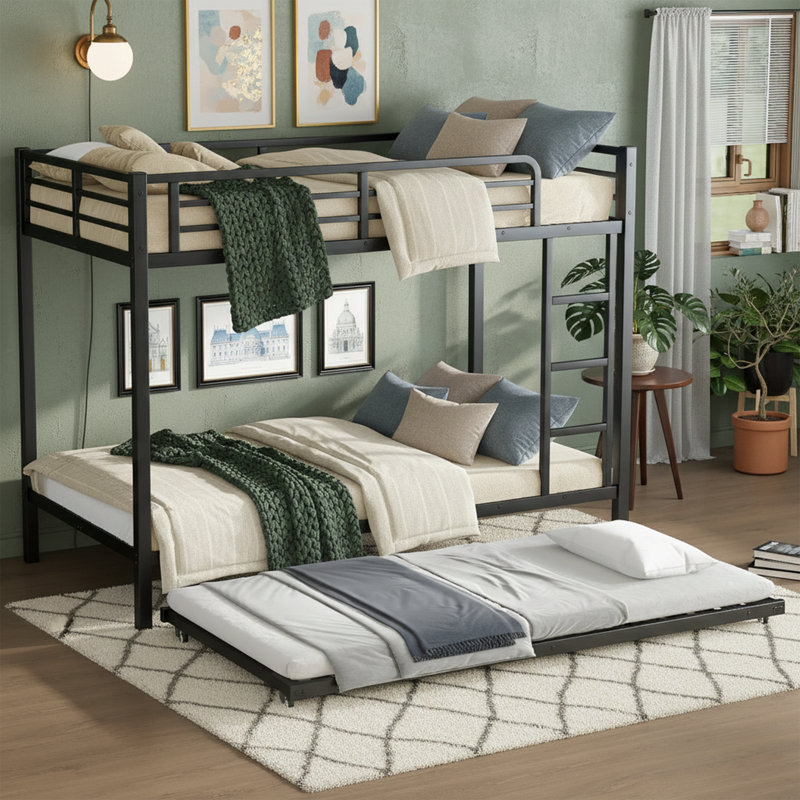 Twin XL Over Twin XL Metal Bunk Bed with Trundle, Heavy Duty Space-Saving Bed Frame, Twin XL over Twin XL