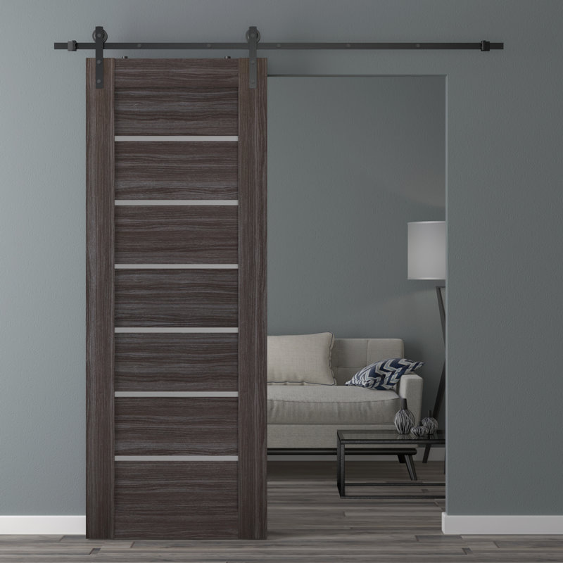 Porte de grange préfinie en bois massif Alba, Chêne gris, 27,75 po x 79,37 po