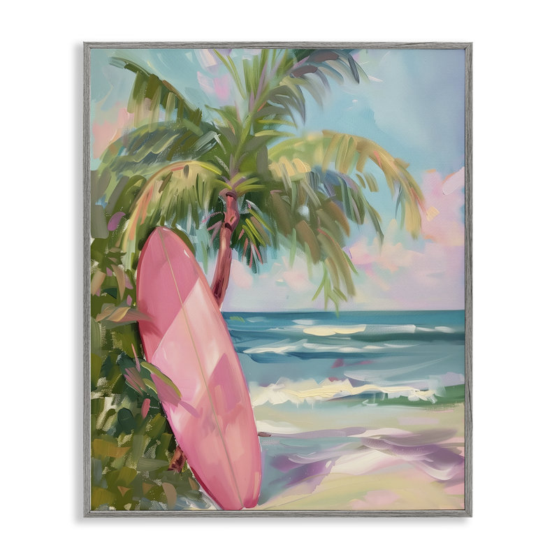 Planche de surf rose sur la plage, estampe numérique, design par Arlington Prints, Estampe numérique Farmhouse