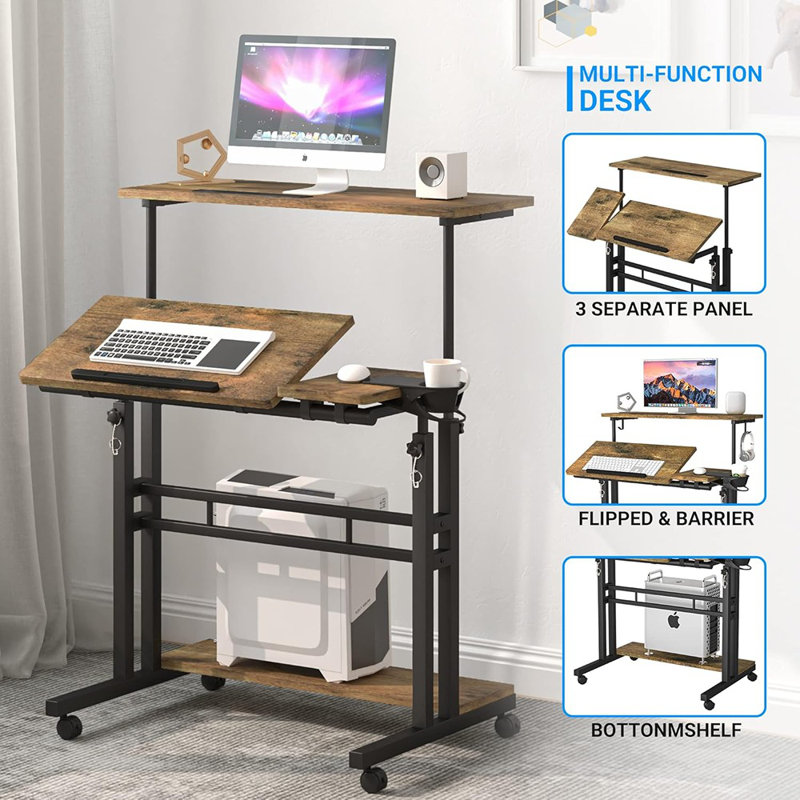 Adjustable Rolling Computer Desk With 3 Desktops